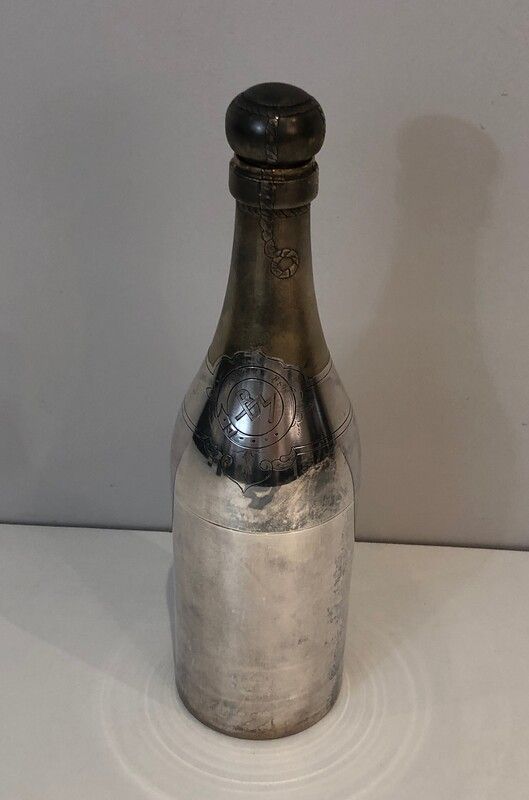 Rare Shaker en Métal Argenté et Laiton en Forme de Bouteille de Champagne