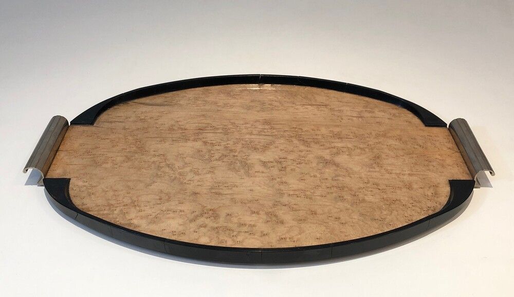 Art Deco Sycamore, Ebonised Wood and Chrome Tray