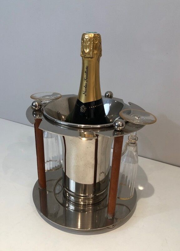 Rare Silver Plated and Leather Champagne Bucket with Flutes Holder