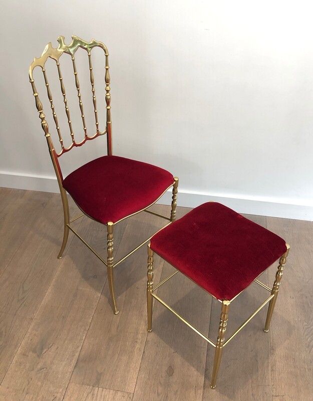 Brass Chiavari Chair and Stool, Seats Covered in Green Velvet. Italian Work. Circa 1940