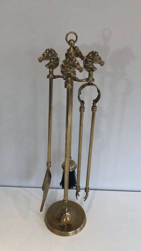 Neoclassical Style Brass HorseHeads Fireplace Tools