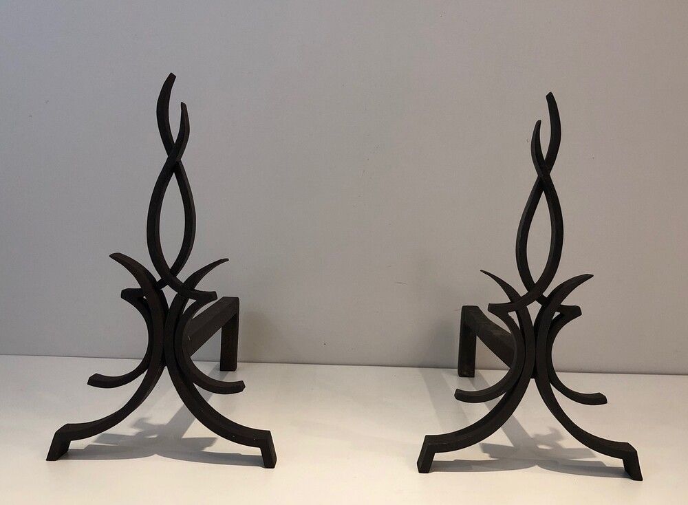 Pair of Wrought Iron Andirons by Raymond Subes