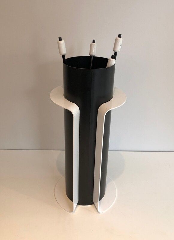 Black and White Lacquered Design Fireplace Tools on Stand