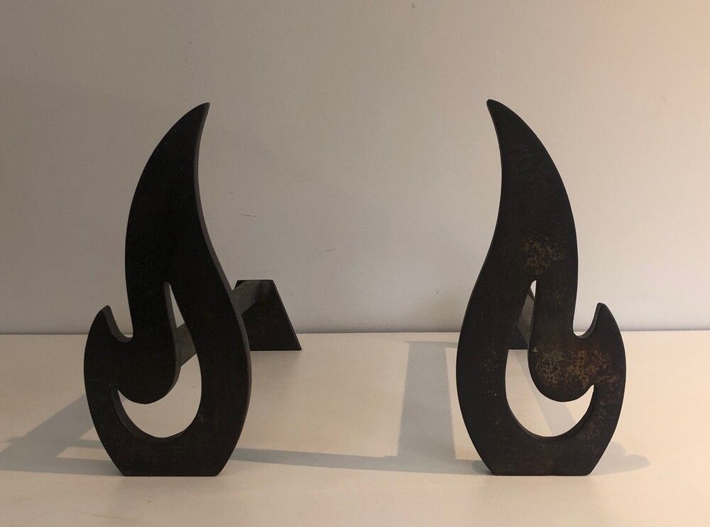 Pair of Modernist Steel and Wrought Iron Flame Andirons