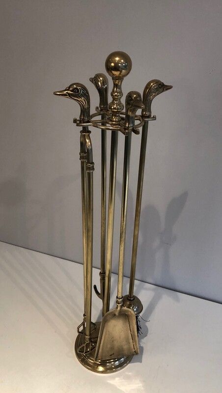 Neoclassical Style Brass Duck heads Fireplace Tools