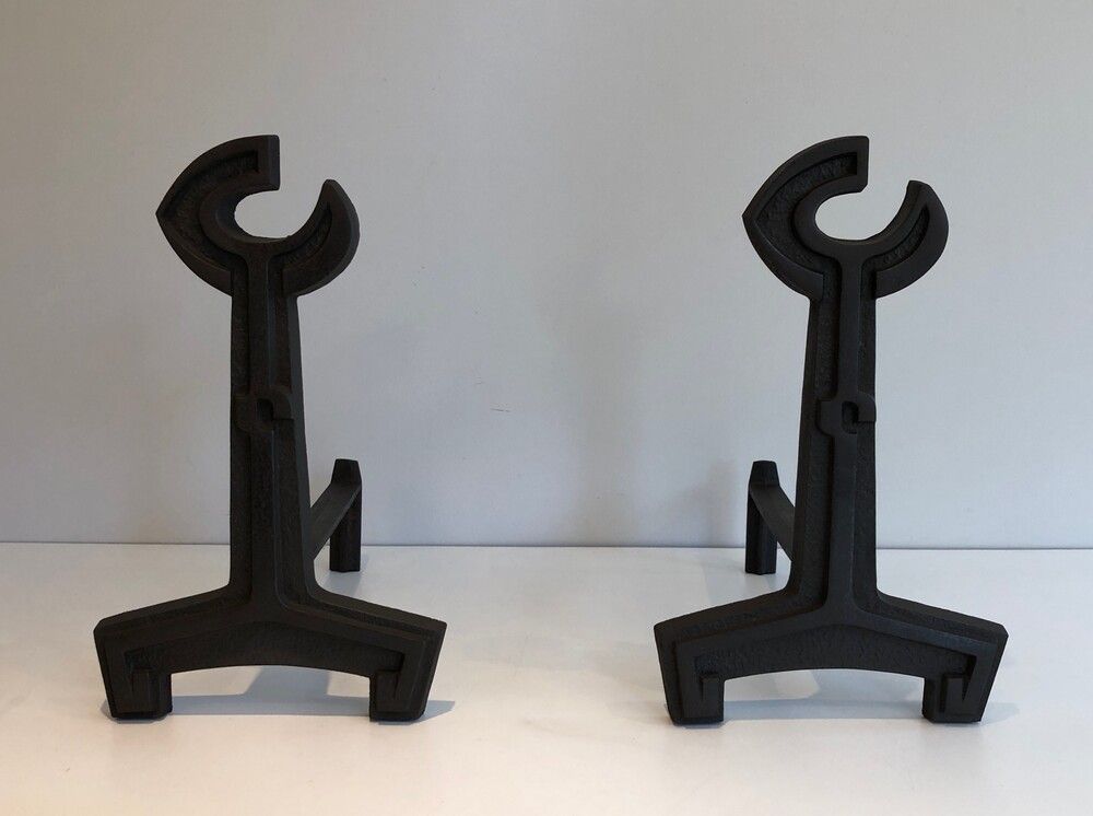 Pair of Modernist Cast Iron and Wrought Iron Andirons