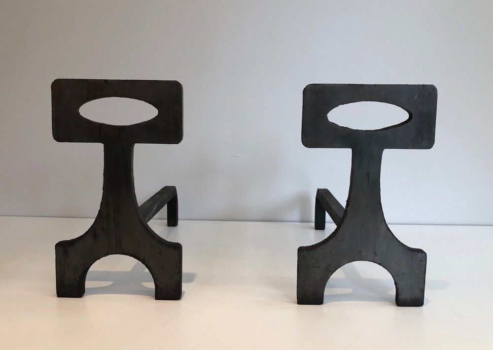 Pair of Modernist Steel and Wrought Iron Andirons