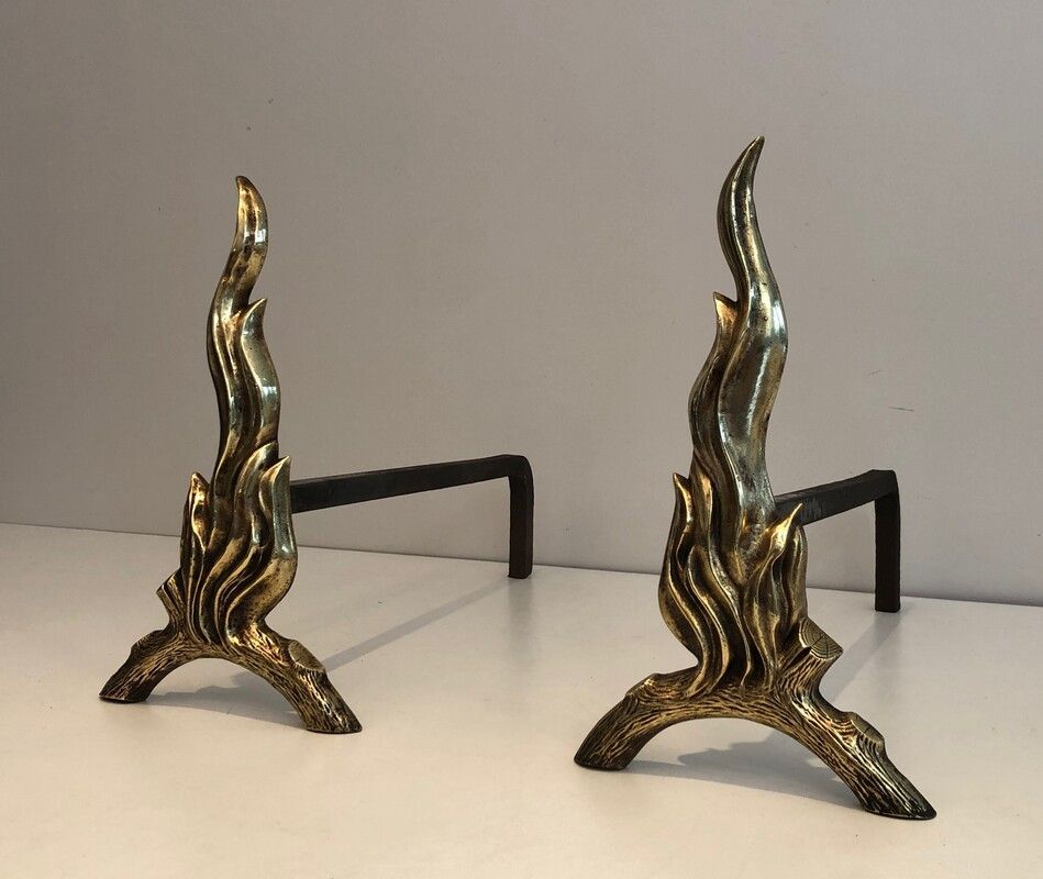 Pair of Bronze and Wrought Iron Flame Andirons