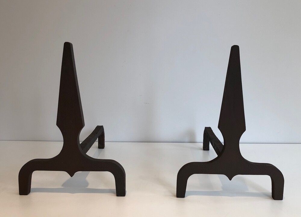 Pair of Pyramid Steel and Wrought Iron Andirons