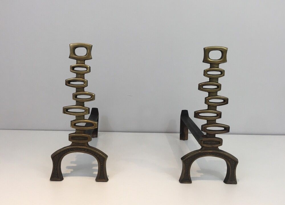 Pair of Modernist Brass Andirons