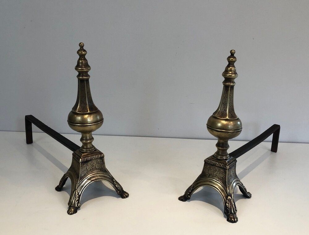 Rare Pair of Louis the 16th Style Chiseled Bronze & Wrought Iron Andirons