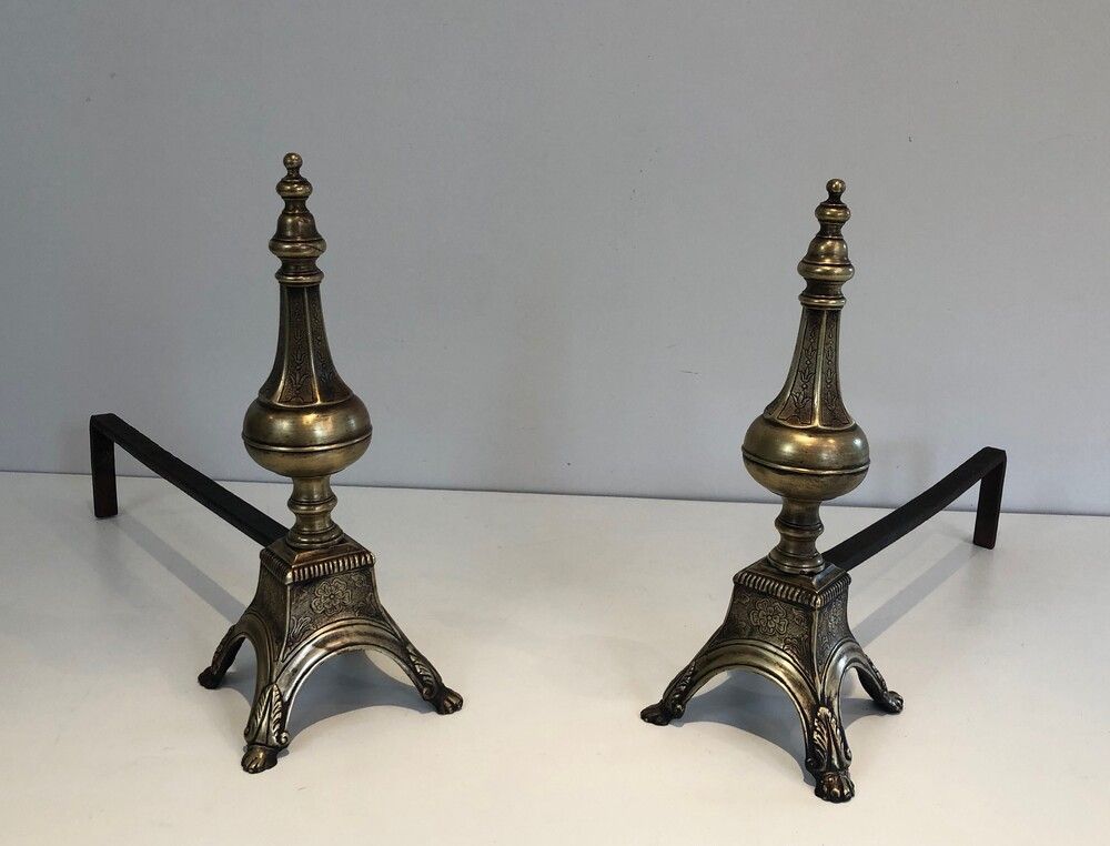 Rare Pair of Louis the 16th Style Chiseled Bronze & Wrought Iron Andirons