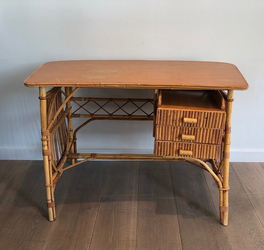 Rattan Desk with Drawers Attributed to Audoux-Minet