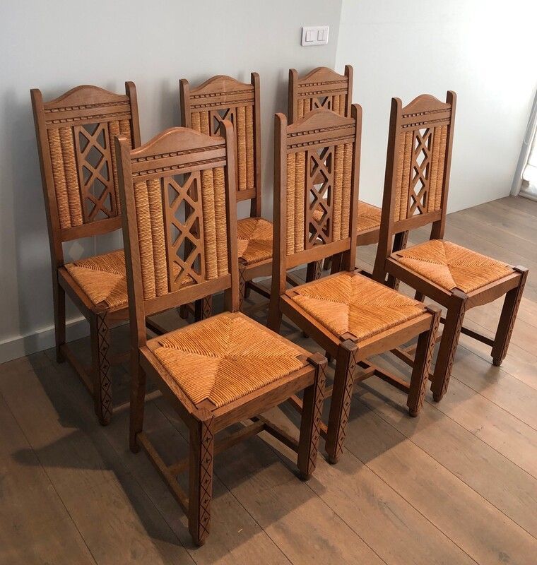 Set of 6 Wood and Rattan Brutalist Chairs.