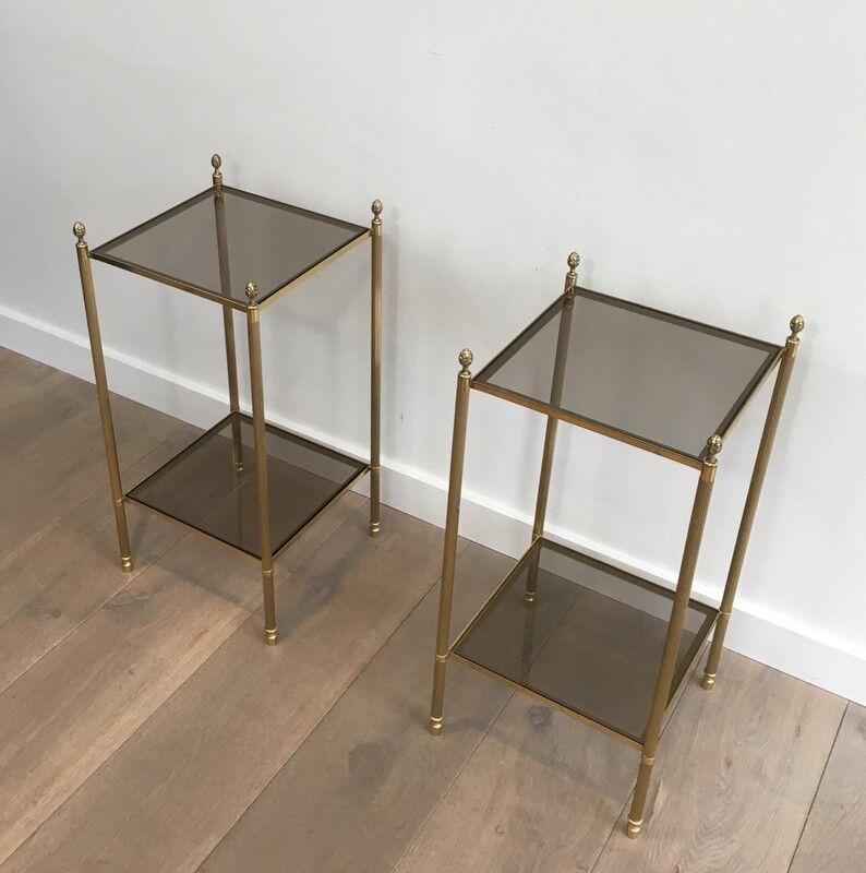 Pair of Neoclassical Style Brass Side Tables with Smoked Glass Tops by Maison Jansen. Circa 1940