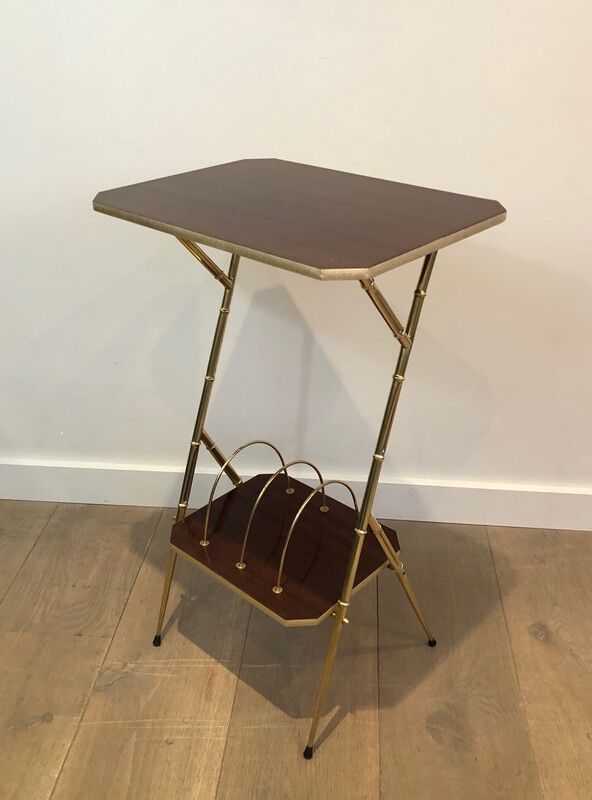 Mahogany and Faux-Bamboo Gilt Metal Side Table with Magazine Rack