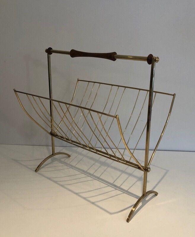 In the style of Cesare Lacca. Brass and Wood Magazine Rack