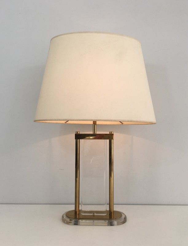 Lampe de Table en Laiton Doré et Plexiglass