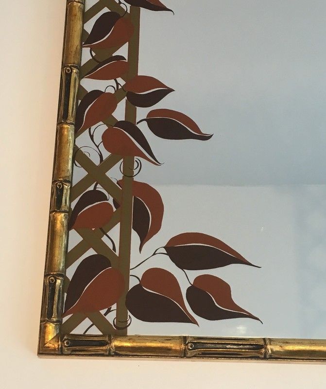 Miroir Décoratif Façon Faux-Bamboo en Bois Doré et Décor Floral Imprimé