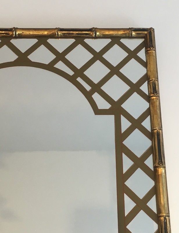 Miroir Décoratif Façon Faux-Bamboo en Bois Doré et Décor Floral Imprimé