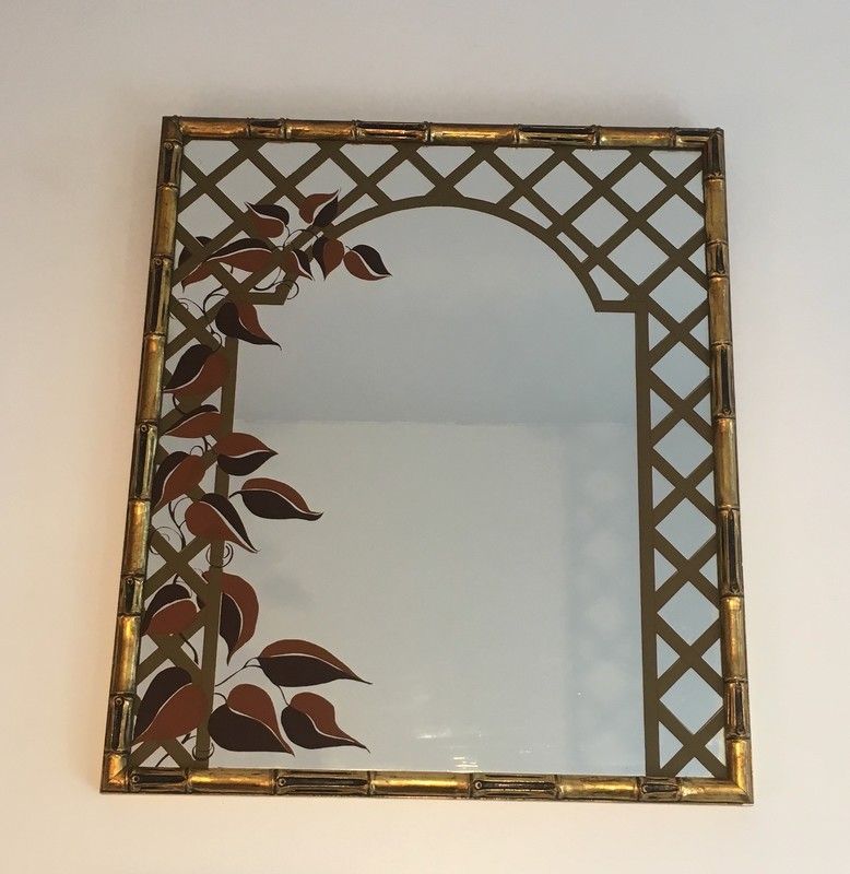 Miroir Décoratif Façon Faux-Bamboo en Bois Doré et Décor Floral Imprimé