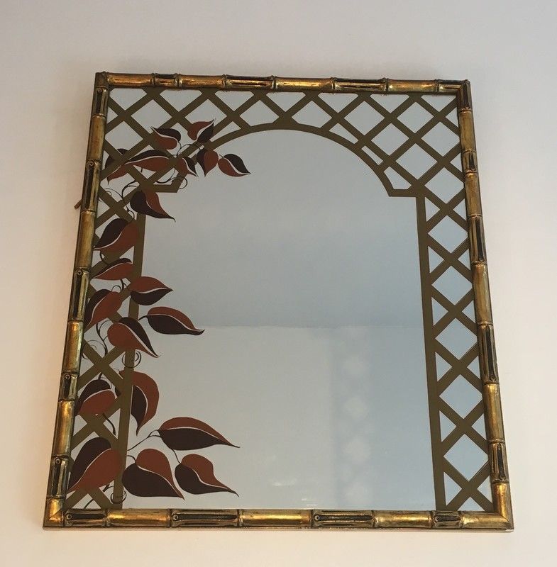 Miroir Décoratif Façon Faux-Bamboo en Bois Doré et Décor Floral Imprimé