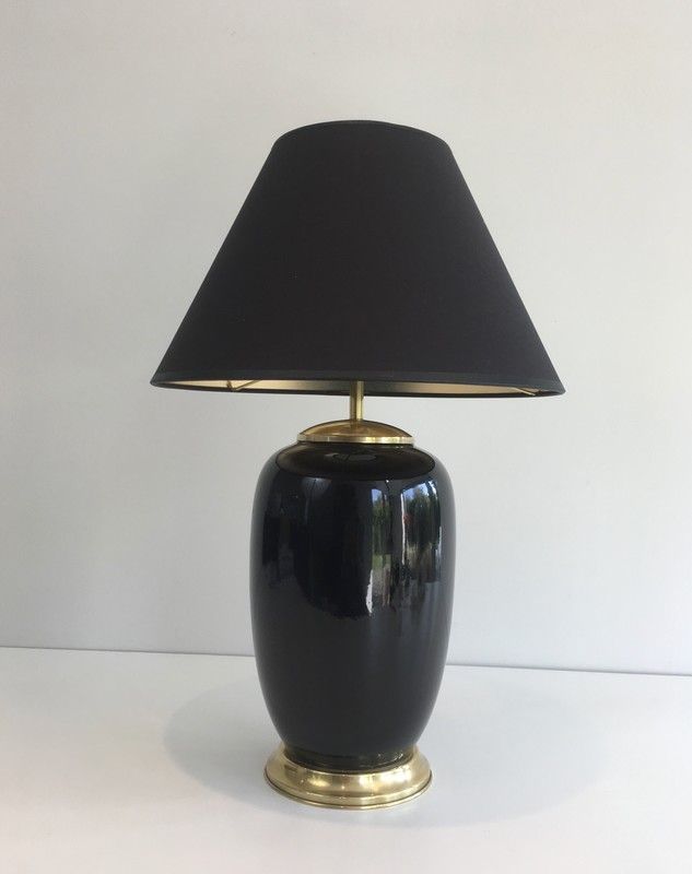 Lampe en Porcelaine laquée Noire et Laiton