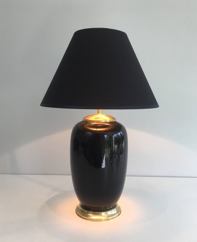 Lampe en Porcelaine laquée Noire et Laiton