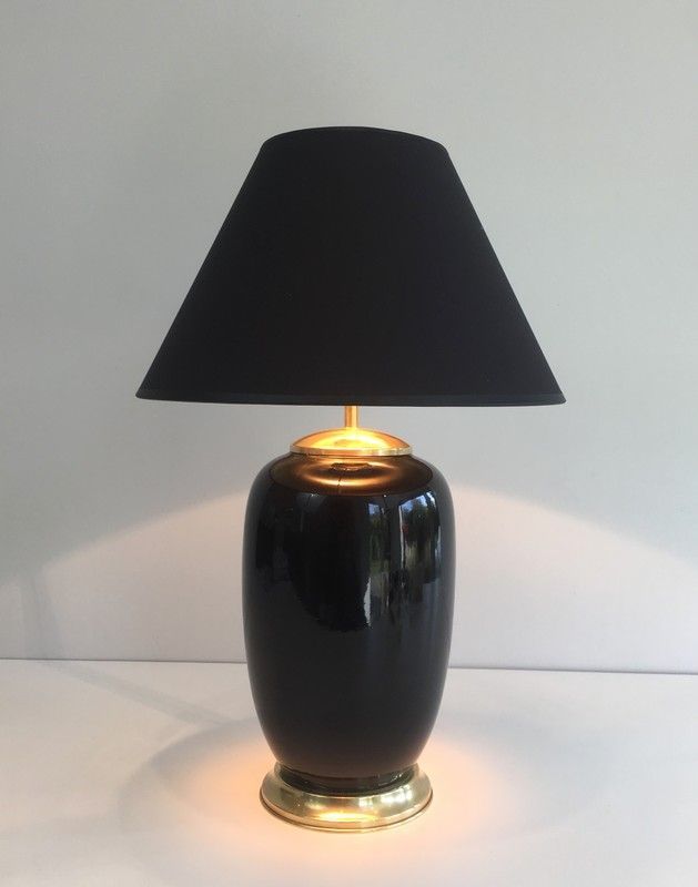 Lampe en Porcelaine laquée Noire et Laiton