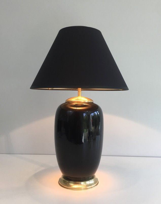 Lampe en Porcelaine laquée Noire et Laiton