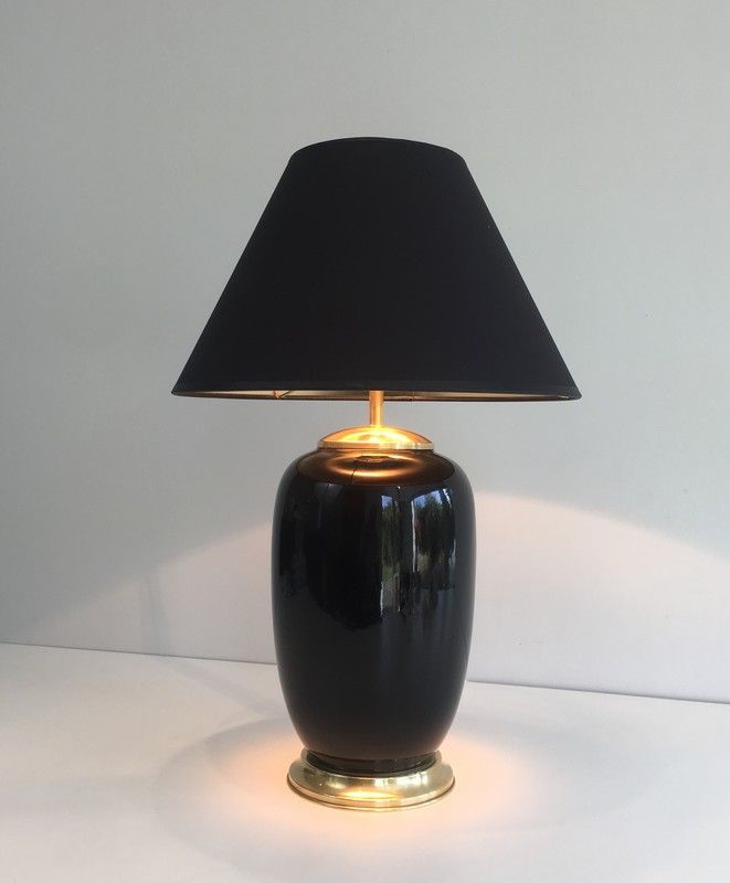 Lampe en Porcelaine laquée Noire et Laiton