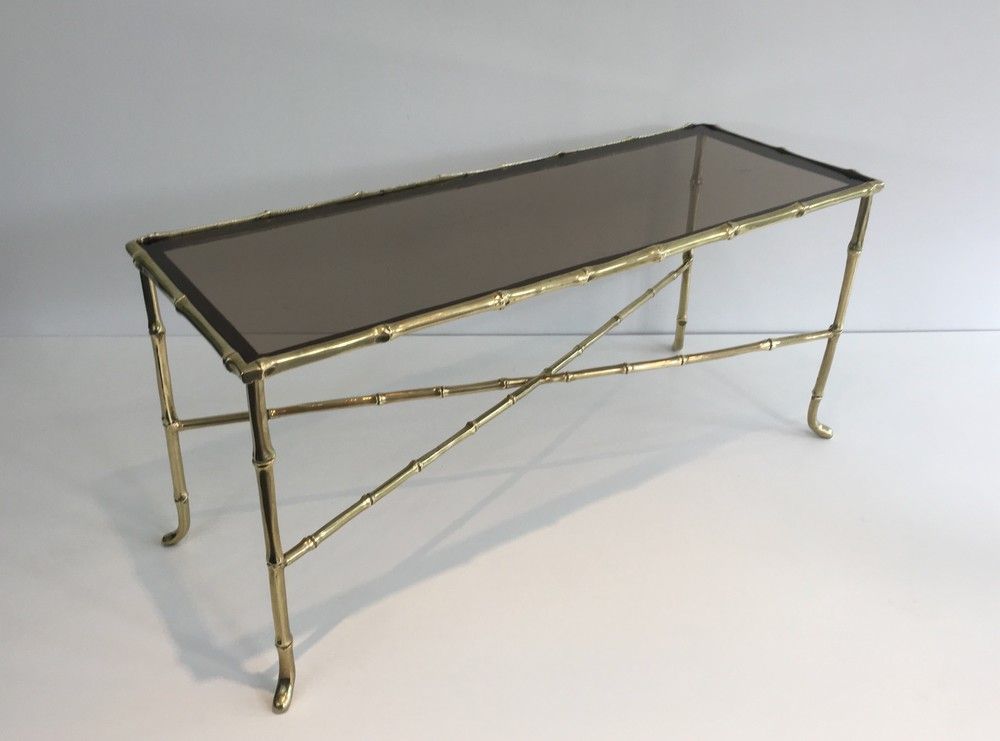 Petite Table Basse façon Faux-Bambou en Bronze et Dalle de Verre Fumée