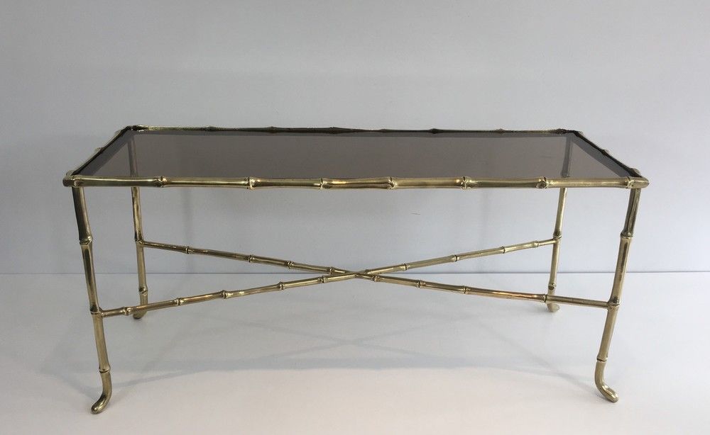 Petite Table Basse façon Faux-Bambou en Bronze et Dalle de Verre Fumée