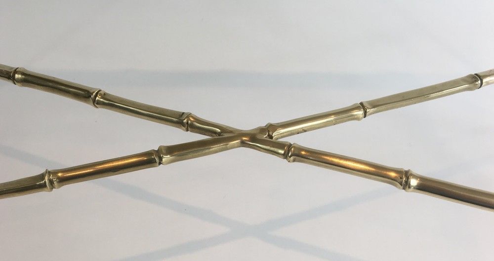 Petite Table Basse façon Faux-Bambou en Bronze et Dalle de Verre Fumée