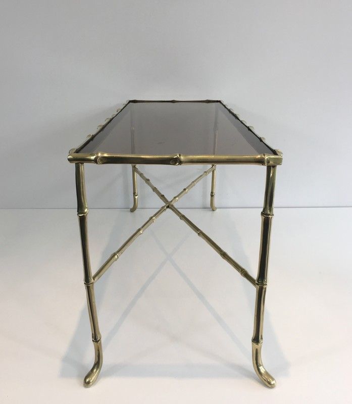 Petite Table Basse façon Faux-Bambou en Bronze et Dalle de Verre Fumée