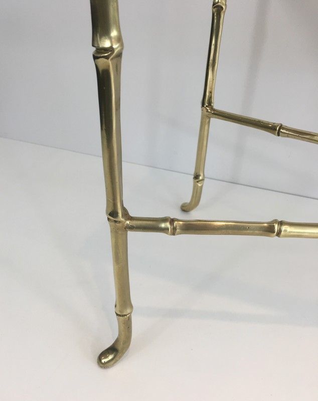 Petite Table Basse façon Faux-Bambou en Bronze et Dalle de Verre Fumée