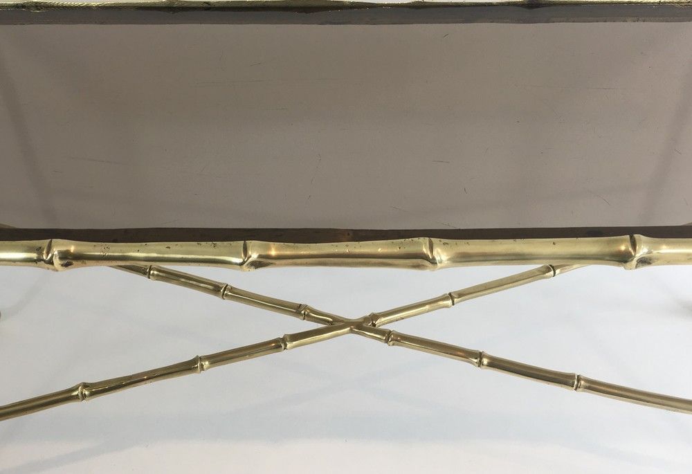 Petite Table Basse façon Faux-Bambou en Bronze et Dalle de Verre Fumée