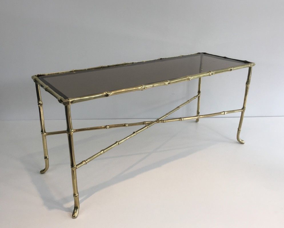 Petite Table Basse façon Faux-Bambou en Bronze et Dalle de Verre Fumée