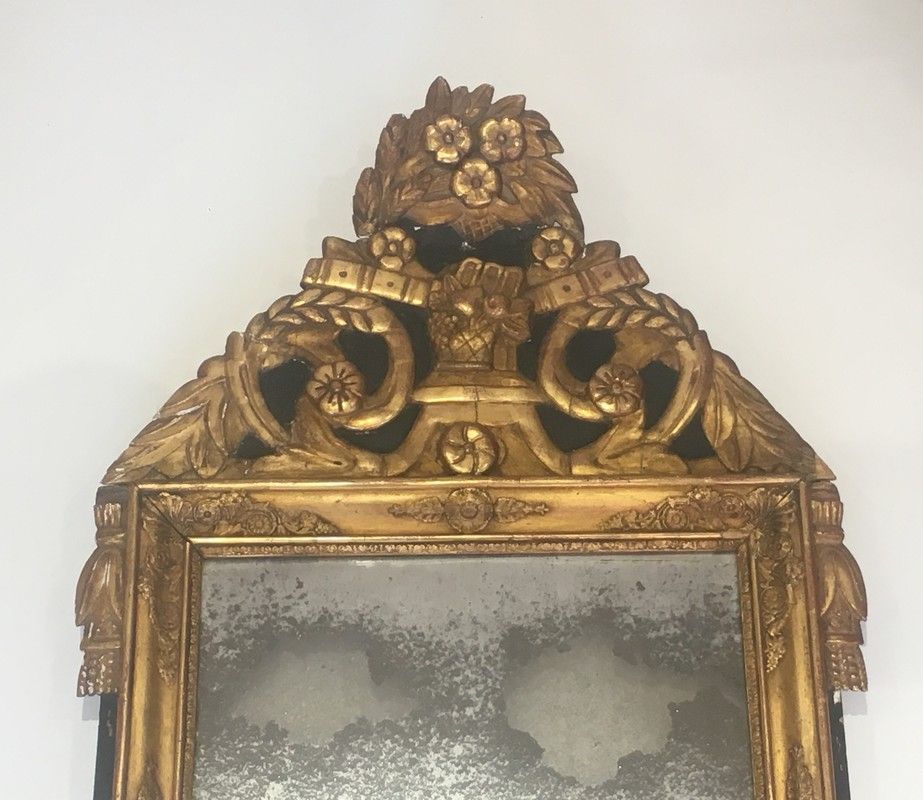 Miroir d'Epoque Restauration en Bois Doré et Patine Vert Antique
