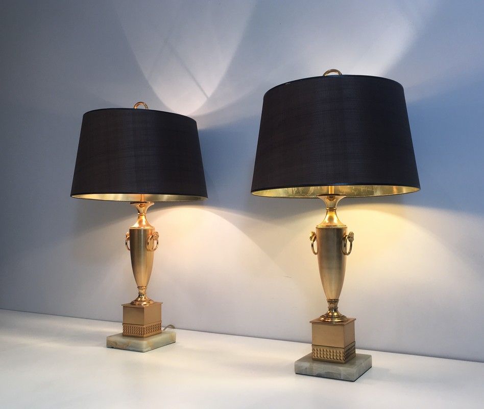 Paire de Lampes Dorées de Style Néoclassique sur Socle d'Onyx