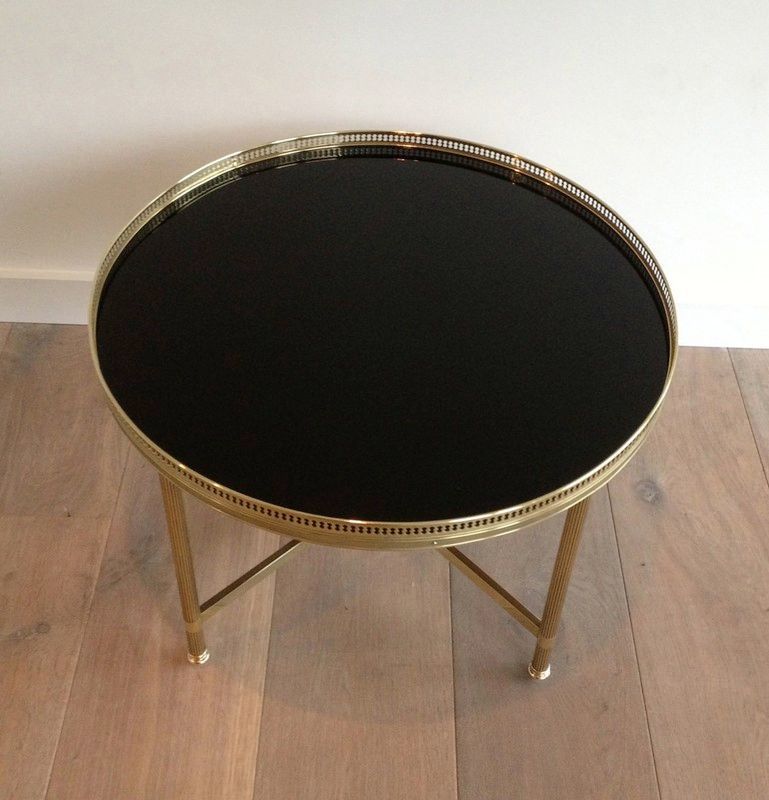 Table Basse en Laiton et Plateau de Verre Laqué Noir de la Maison Baguès