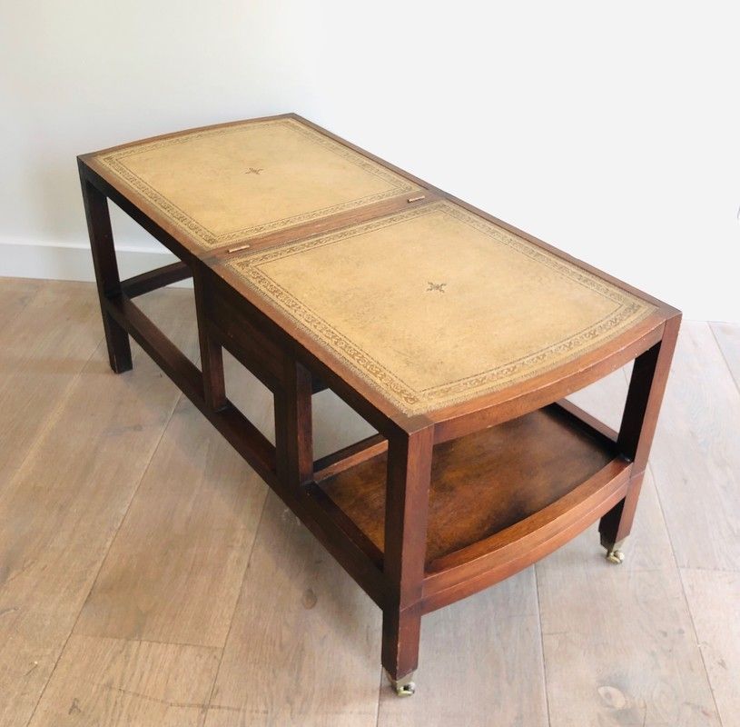 Table Basse en Bois et Plateau de Cuir Transformable en Escalier de Bibliothèque à Marches de Cuir