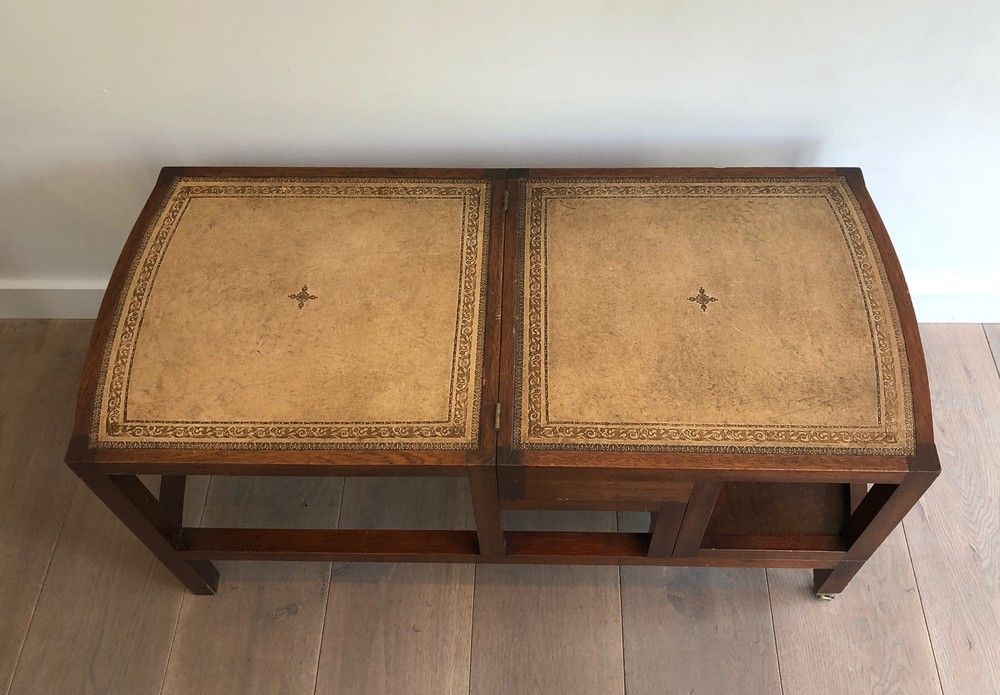 Table Basse en Bois et Plateau de Cuir Transformable en Escalier de Bibliothèque à Marches de Cuir