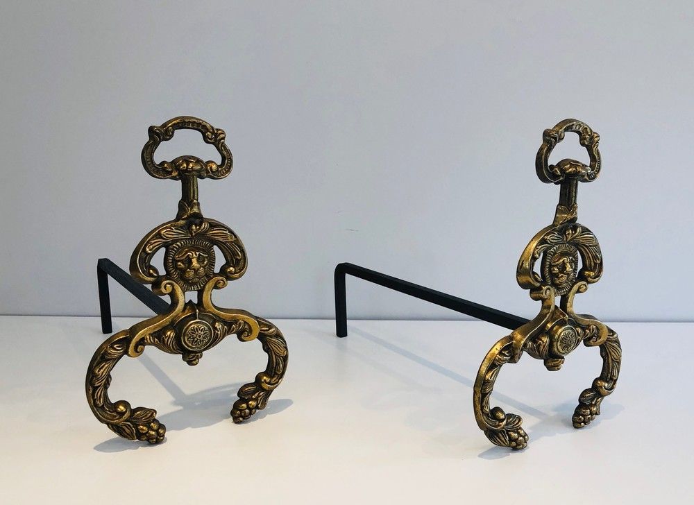 Paire de chenets de style Néoclassique en Bronze et Fer Forgé