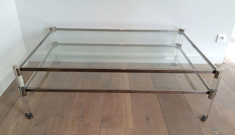 Grande Table Basse en Plexiglass et Chrome à Double Plateau de Verre