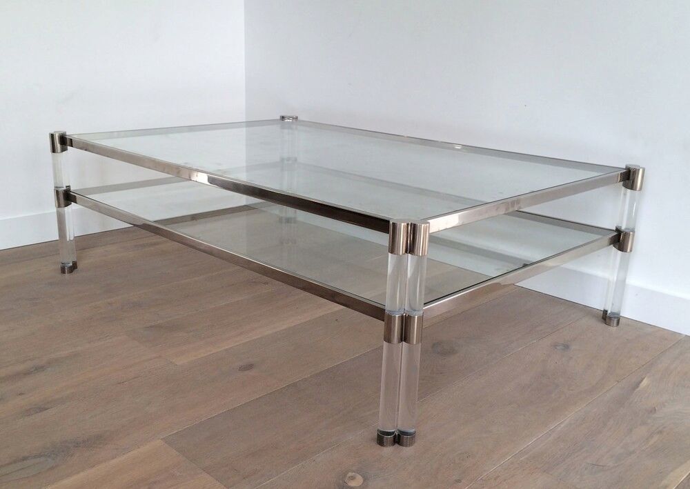 Grande Table Basse en Plexiglass et Chrome à Double Plateau de Verre