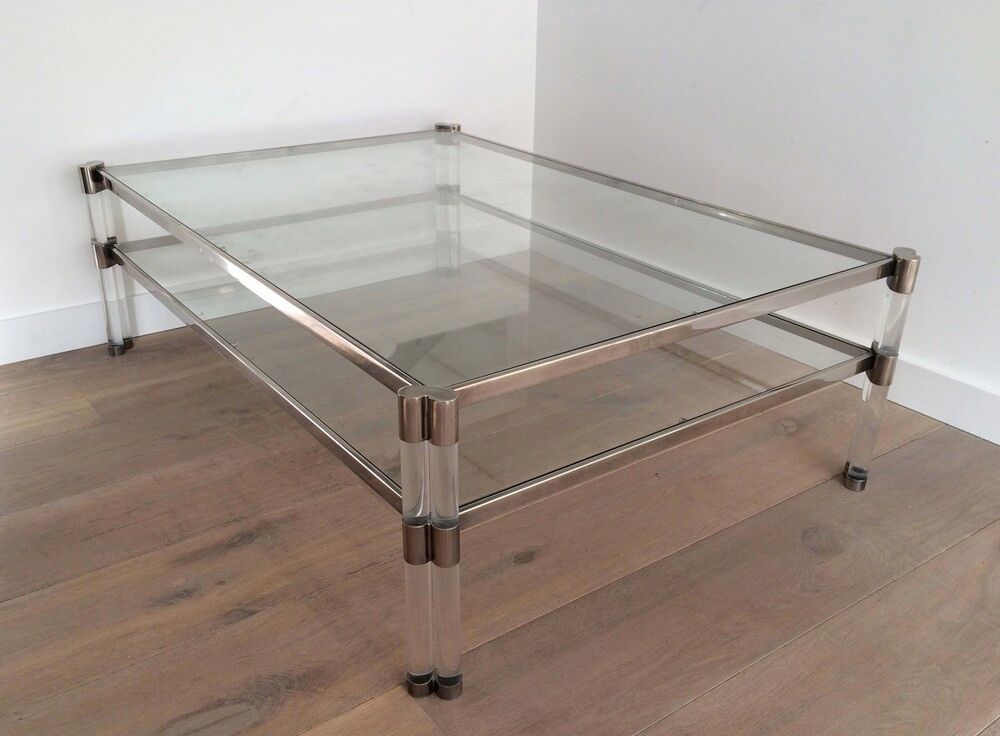 Grande Table Basse en Plexiglass et Chrome à Double Plateau de Verre