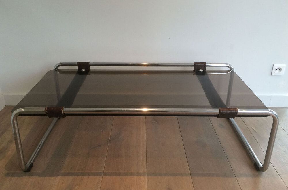 Table Basse en Chrome, Cuir et Verre fumé