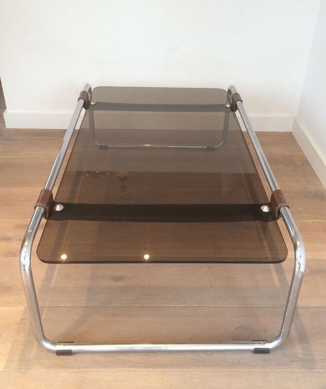 Table Basse en Chrome, Cuir et Verre fumé