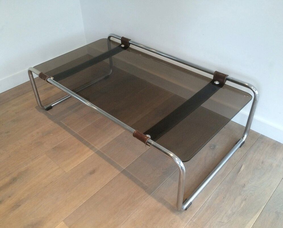 Table Basse en Chrome, Cuir et Verre fumé